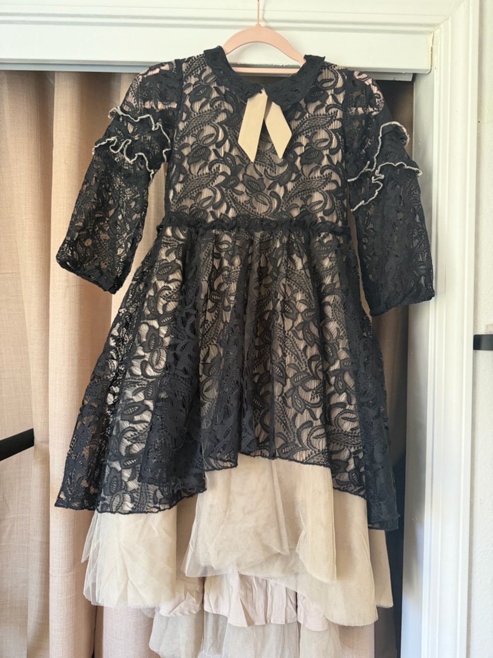 Joyfolie Black Lace Overlay with Cream Tulle Bow Dress